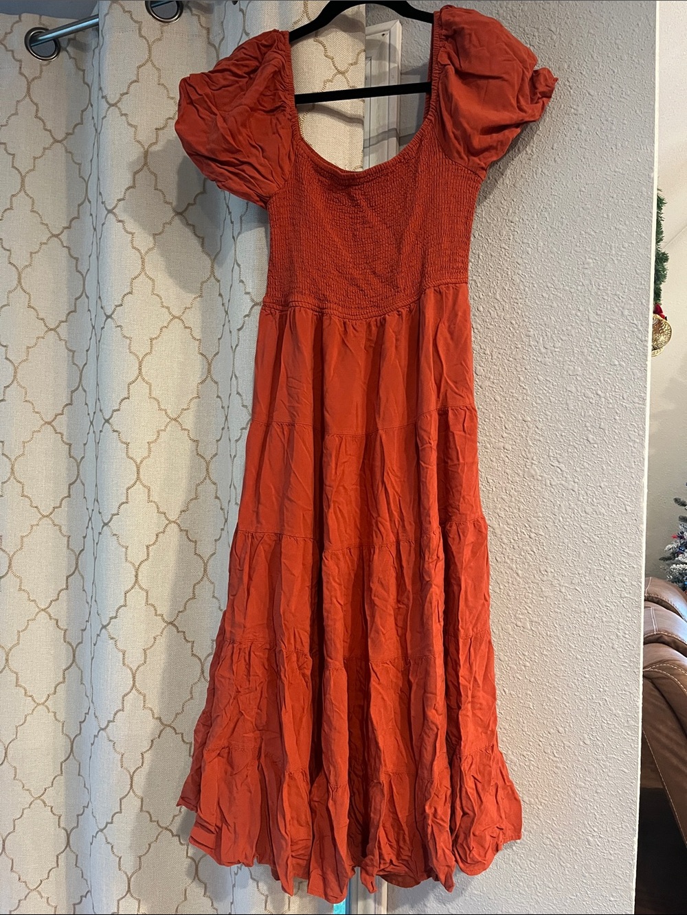 Rust Orange Puff-Sleeve Maxi Dress with Smocked Bodice